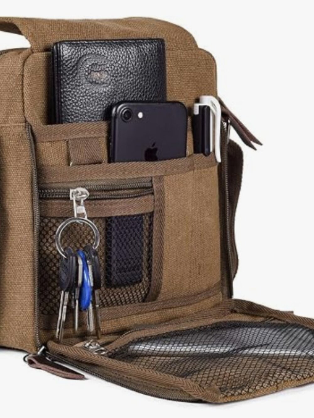 Small Khaki Canvas Messenger Shoulder Travel Bag for Men or Women